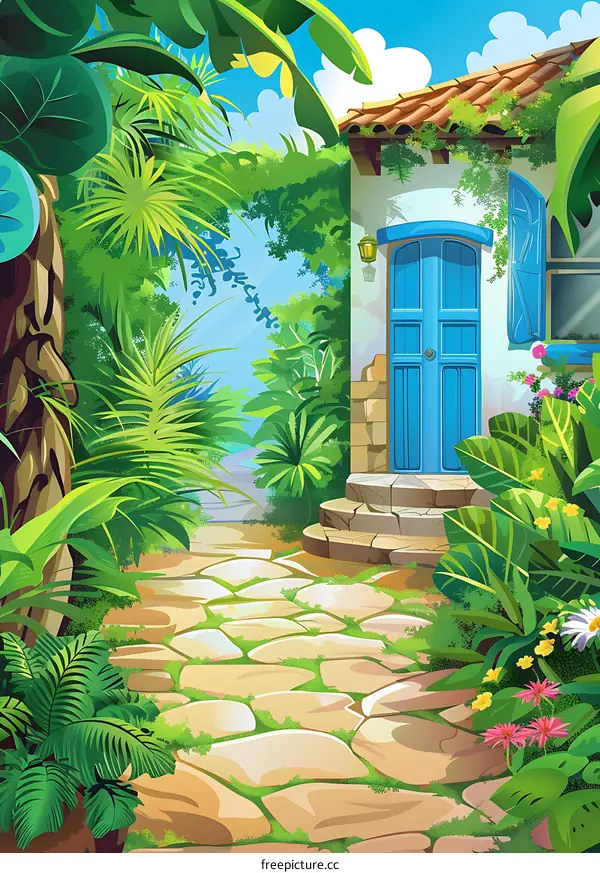 Stone Path Leading to a Blue Door in a Tropical Garden
