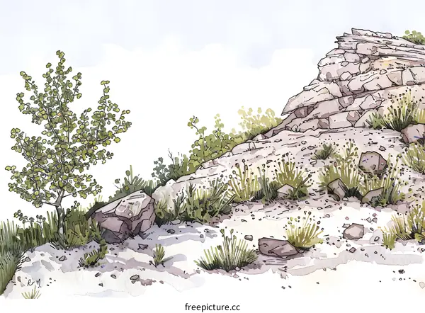 Watercolor Illustration of Mountain Landscape with Rocks, Trees and Sky