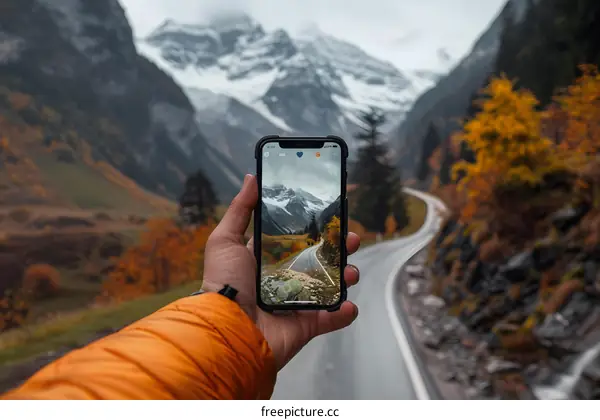 Hand Holding Smartphone Capturing Scenic Mountain Road in Autumn