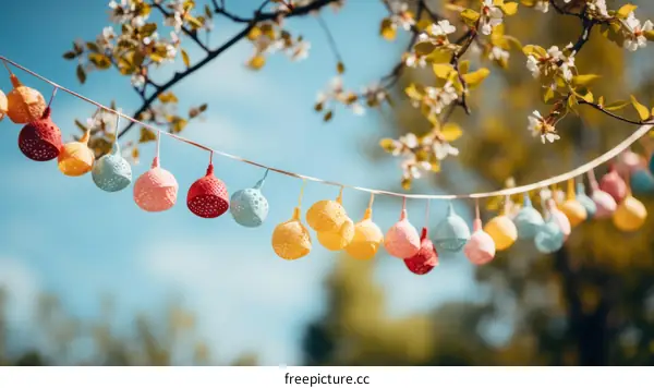 Colorful Easter eggs hanging on a tree branch in a garden