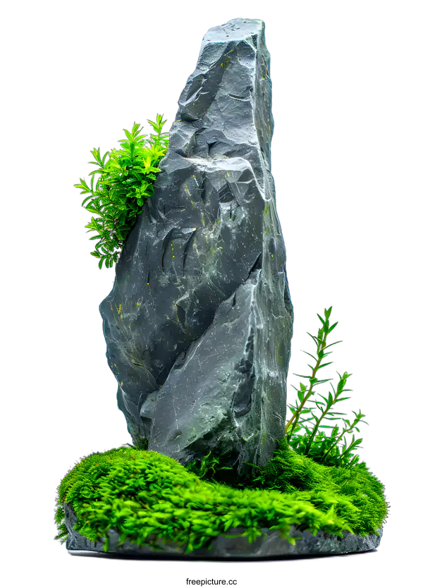 [Transparent Background PNG]Green Moss and Tall Rock Against White Background