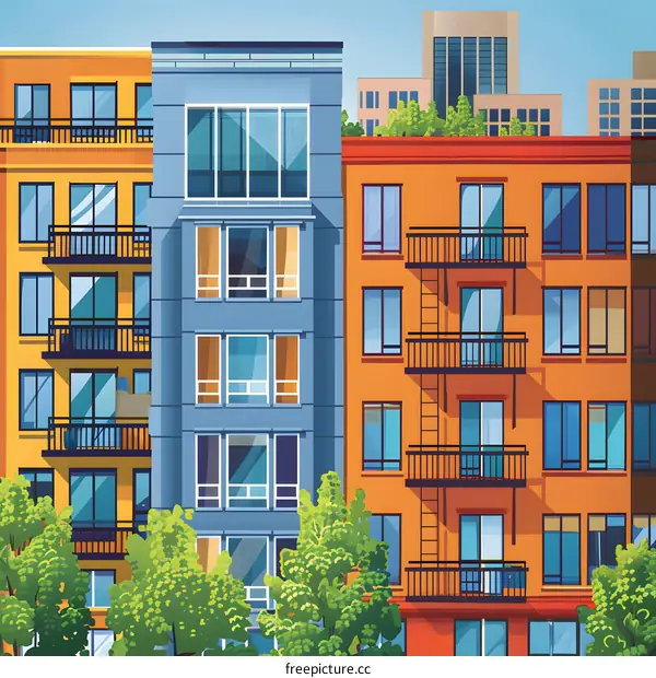 Modern Cityscape Illustration with Buildings and Balconies