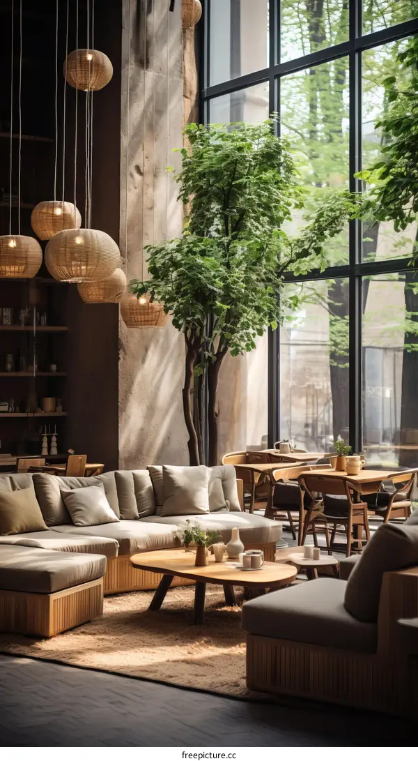 The sunlit living room has a large tree in front of the floor-to-ceiling windows.