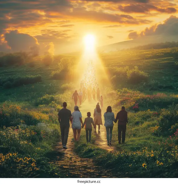 People walking towards a bright light in a field of flowers