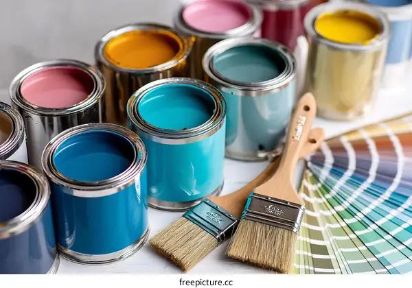 Assortment of Paint Cans and Color Charts