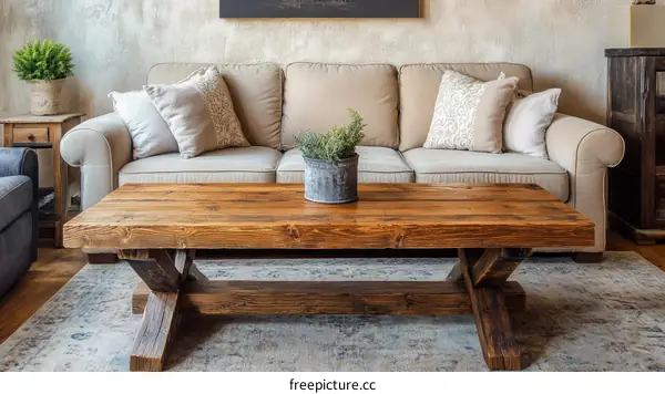 Rustic Wooden Coffee Table in a Cozy Living Room