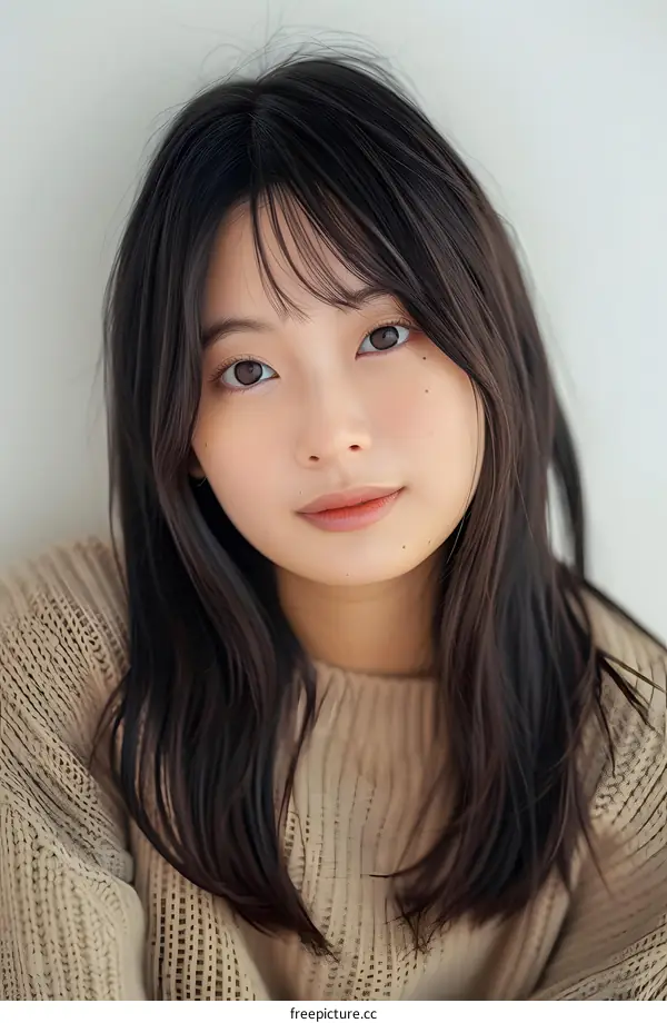 Portrait of a Young Woman with Long Black Hair and a Knit Sweater