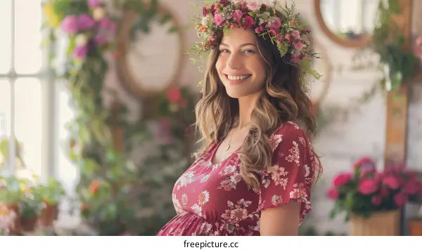 Smiling Pregnant Woman with Floral Crown