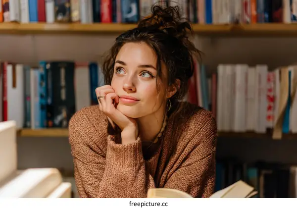 Thoughtful Woman in a Cozy Library Setting