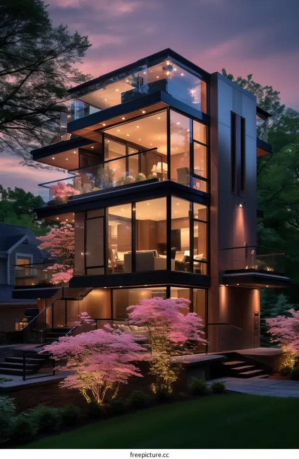 A modern three-story house with a glass facade and a terrace with a beautiful view