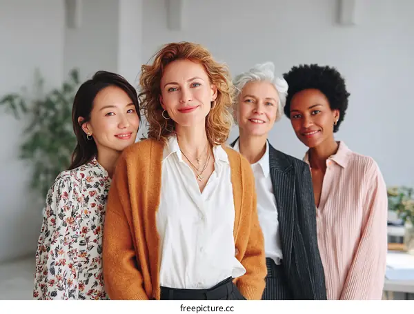 Four Women Smiling Together in a Modern Office