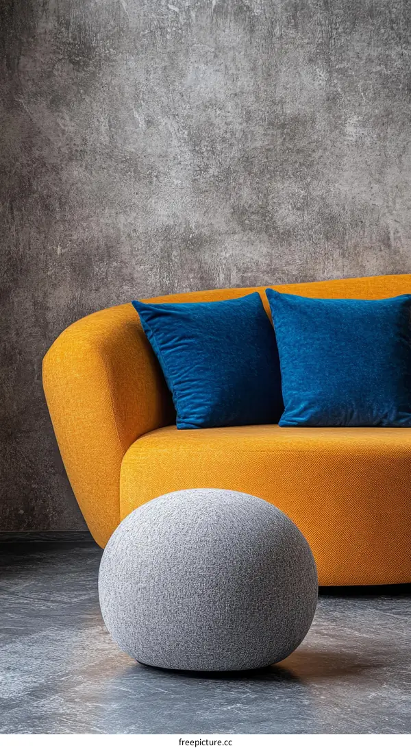 Modern Living Room Interior Design with Orange Sofa and Gray Ottoman