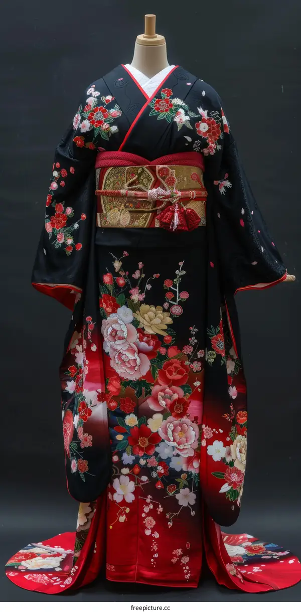 A Japanese Geisha in Traditional Kimono with Flowers