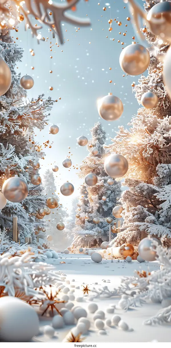 Christmas Forest with Snow and Ornaments