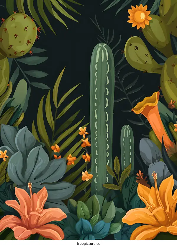 Tropical Plants and Flowers Illustration