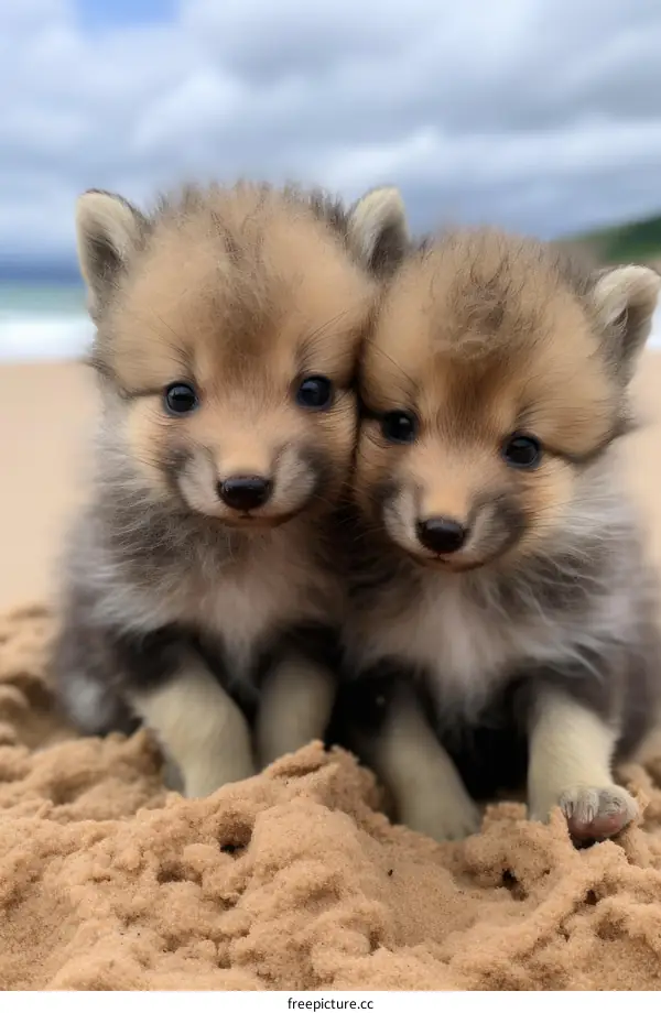 Two Adorable Fluffy Puppies Sitting on Sand
