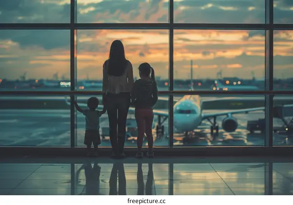 Family at the airport looking at airplanes