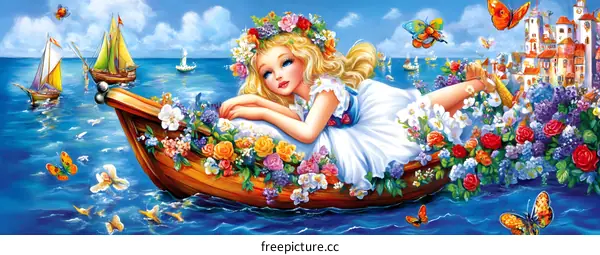 Girl in a Flower Boat with Butterflies and Sailboats