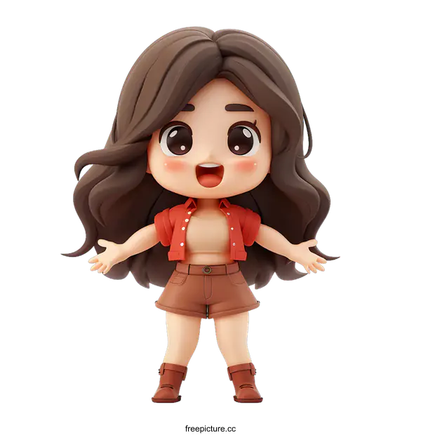 [Transparent Background PNG]Cute Cartoon Girl Character With Red Shirt and Brown Shorts