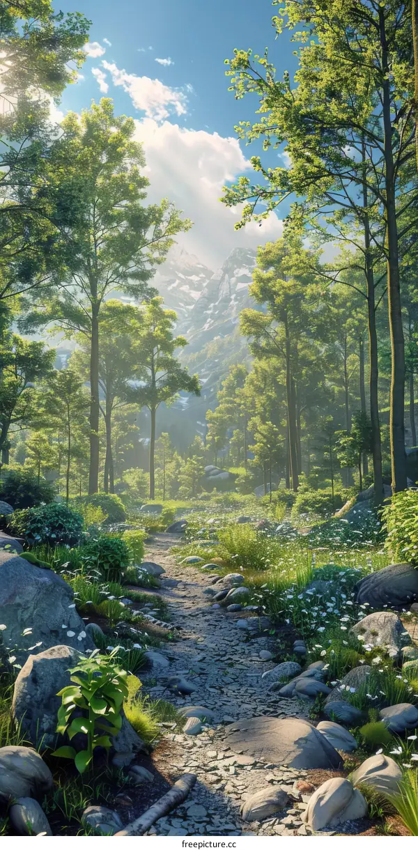 Green Forest Path with Sunlight and Shadows