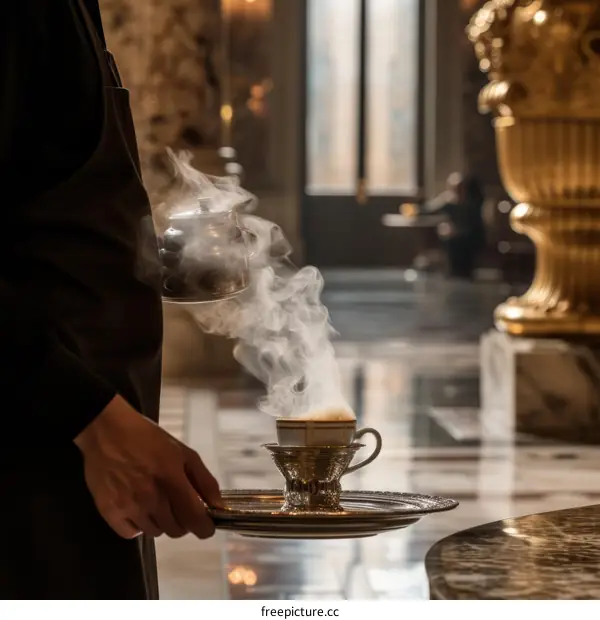 Butler serving hot tea in a fancy hotel