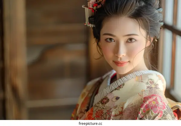 Portrait of a beautiful Japanese woman in traditional kimono