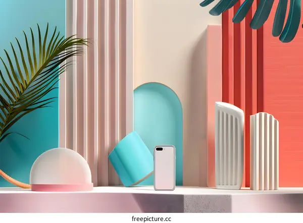 Minimalist Abstract Background with Phone and Palm Leaf