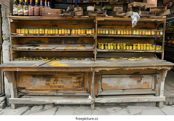 Old Wooden Shelf with Jars of Yellow Liquid