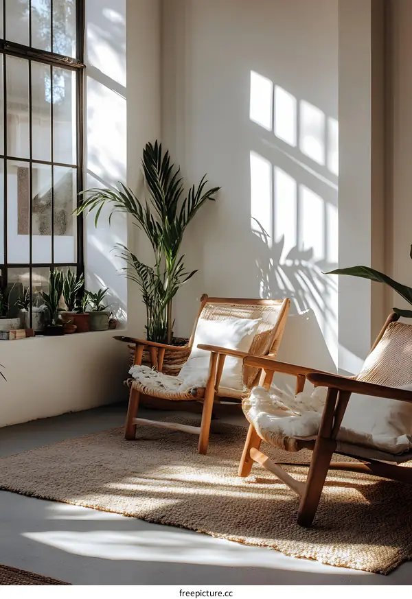 Sunlight Streaming Through Window in Minimalist Living Room with Two Wooden Chairs and a Rug