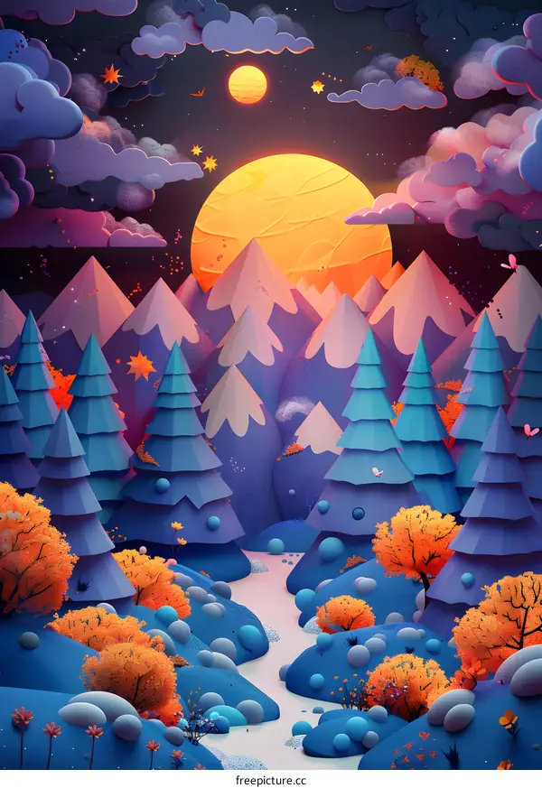 3D illustration of a mountain landscape with a river running through it