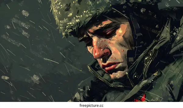 Portrait of a soldier in a green uniform with a red star on his hat. He is looking down with a sad expression on his face.