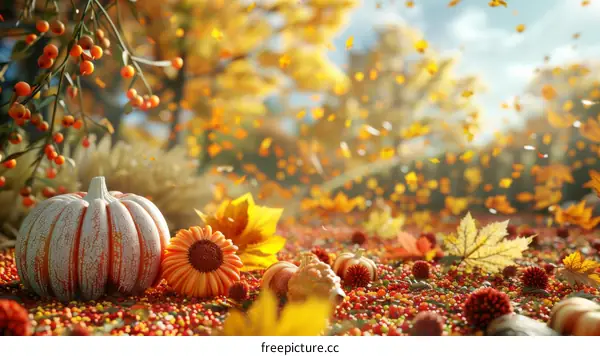 Fall Scene with Pumpkins and Leaves