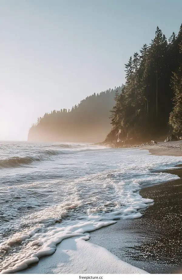 Foamy Waves Crashing on a Sandy Beach with a Forest in the Background