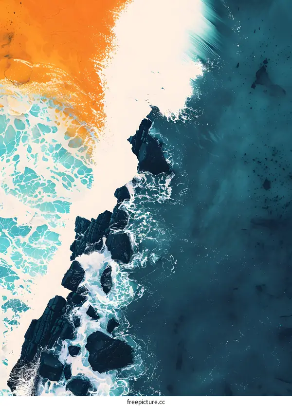 Aerial View of Ocean Waves Crashing on Rocks