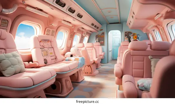 A pink and blue airplane cabin with cartoon characters