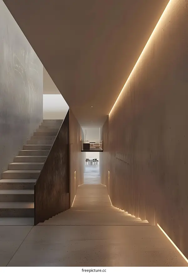 Modern Concrete Staircase With Led Lighting In Hallway