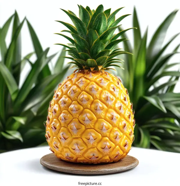 Fresh Ripe Pineapple on Wooden Plate