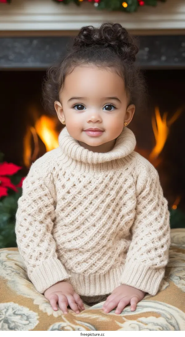 Adorable Baby Girl in Cozy Knitted Sweater by the Fireplace