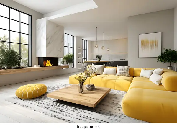 Modern Living Room Interior Design with Yellow Sofa