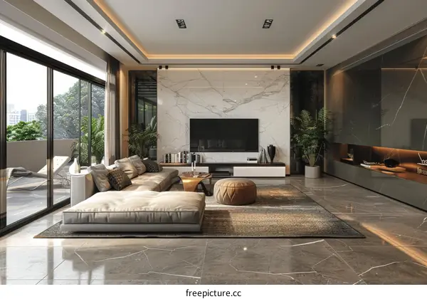 Modern Luxurious Apartment Interior Design with Marble Wall and Smart TV