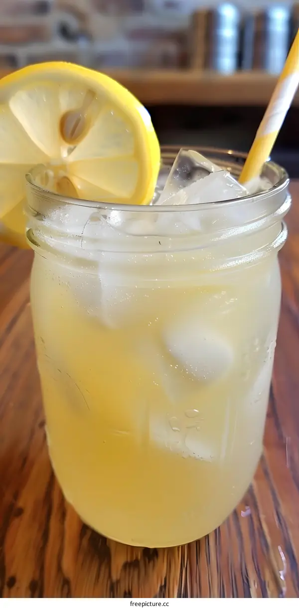 Close Up of a Glass of Lemonade with a Lemon Slice and Straw