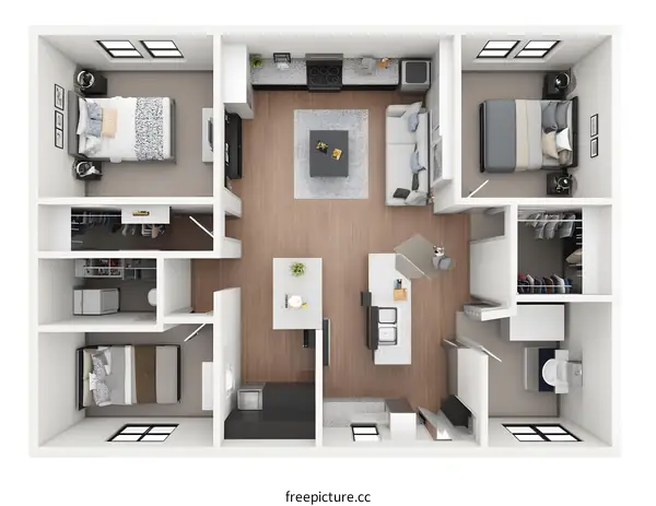 2 Bedroom Apartment Floor Plan with Kitchen and Living Room