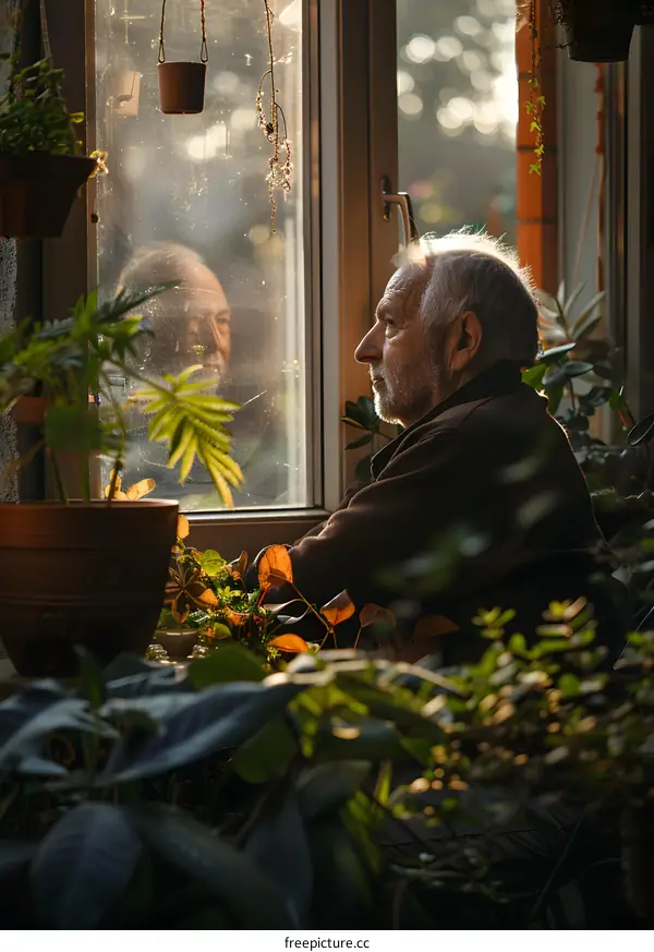 An old man is sitting in a sunlit room filled with plants and looking out the window