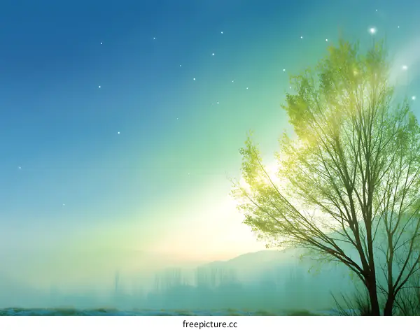 Misty Sunrise Scene with a Solitary Tree