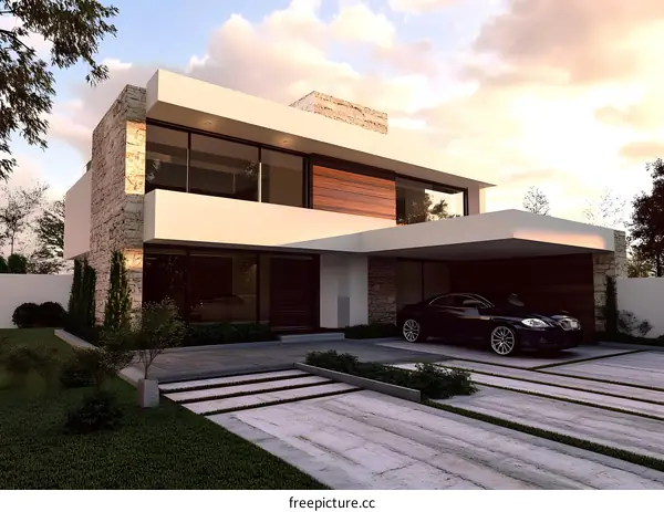 Modern House with Stone Facade and Car
