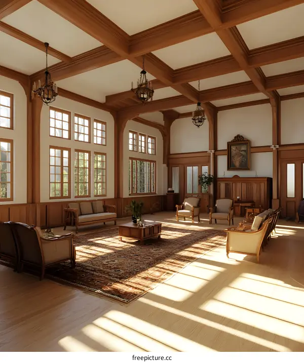 Spacious Living Room Interior Design With Wooden Beams And Chandeliers