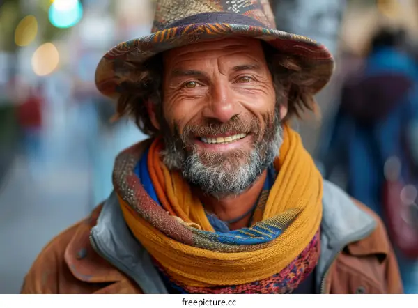 Smiling Man in a Colorful Hat and Scarf