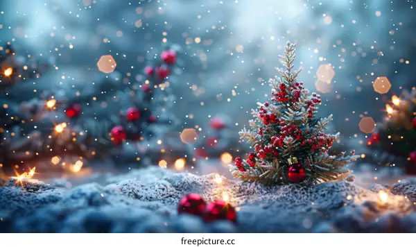 Red Christmas Tree Glowing in Winter Snowfall
