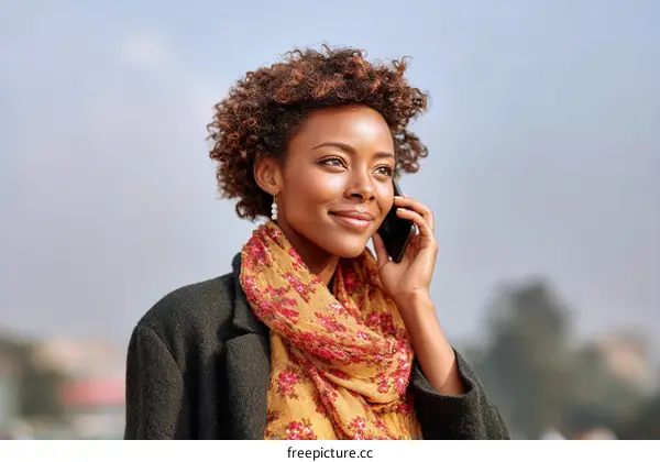 Smiling Woman Talking on a Phone Outdoor