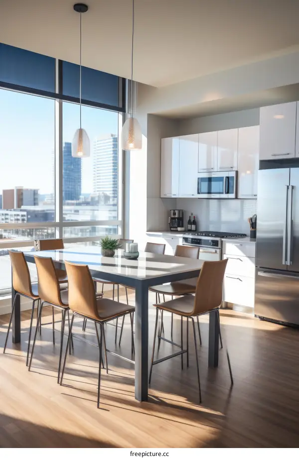 A modern dining room with a view of the city